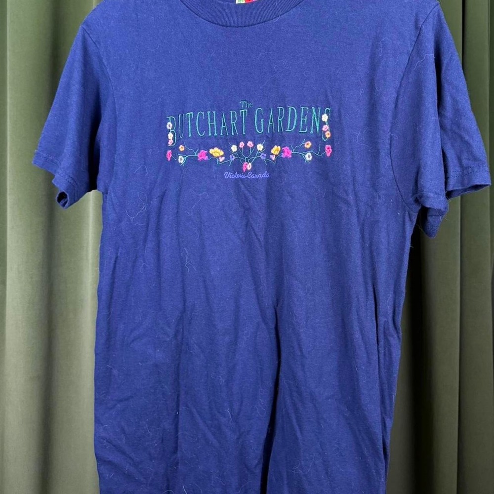Vintage Fruit of the Loom The Butchart Gardens Graphic T-Shirt Blue Womens M 80s
